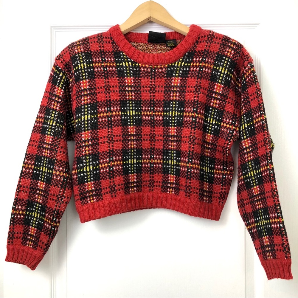 Liz Claiborne Vintage Chunky Knit Red Plaid Cropped Sweater